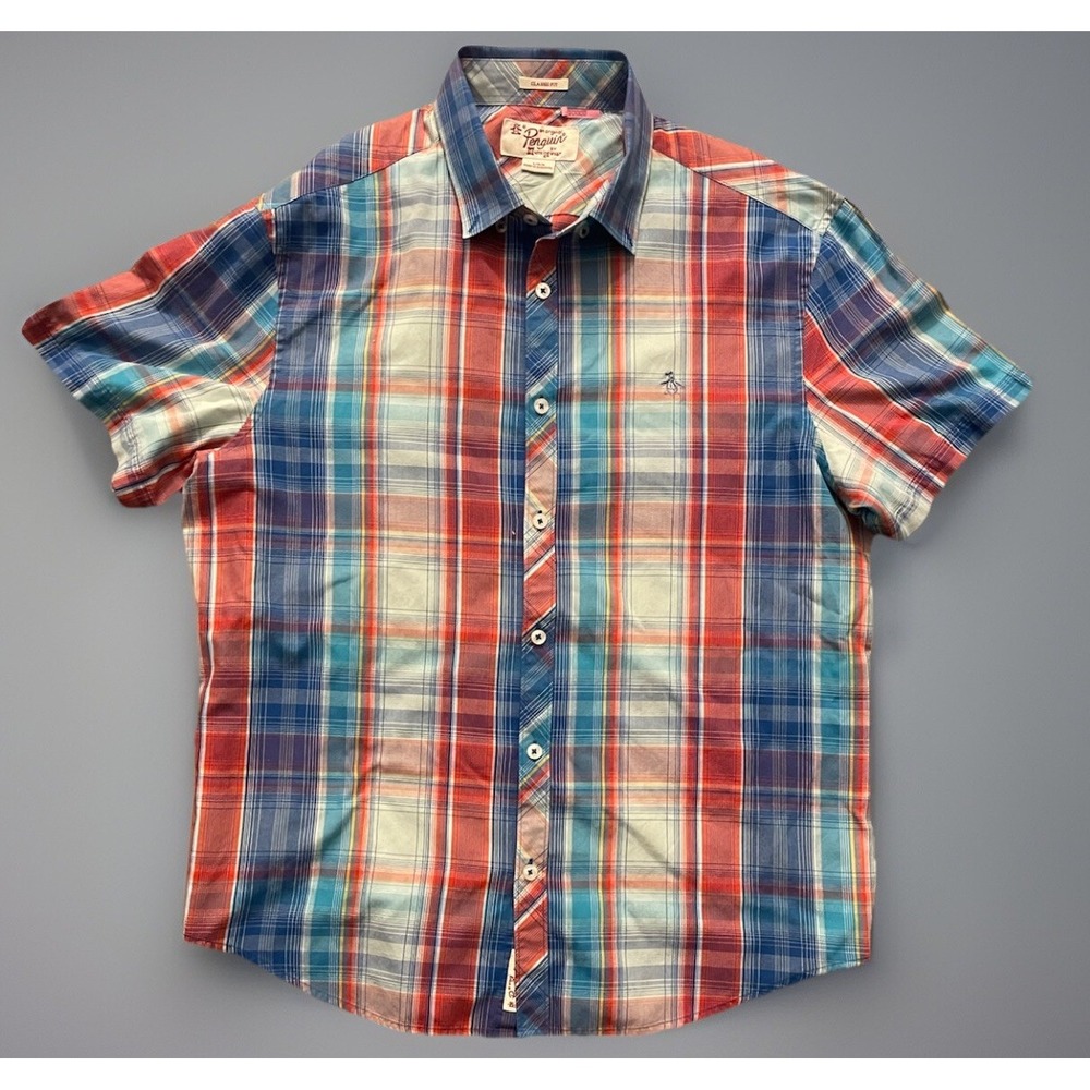 Penguin Munsingwear Short Sleeve Button Up Red White Blue USA Plaid Large JBHS